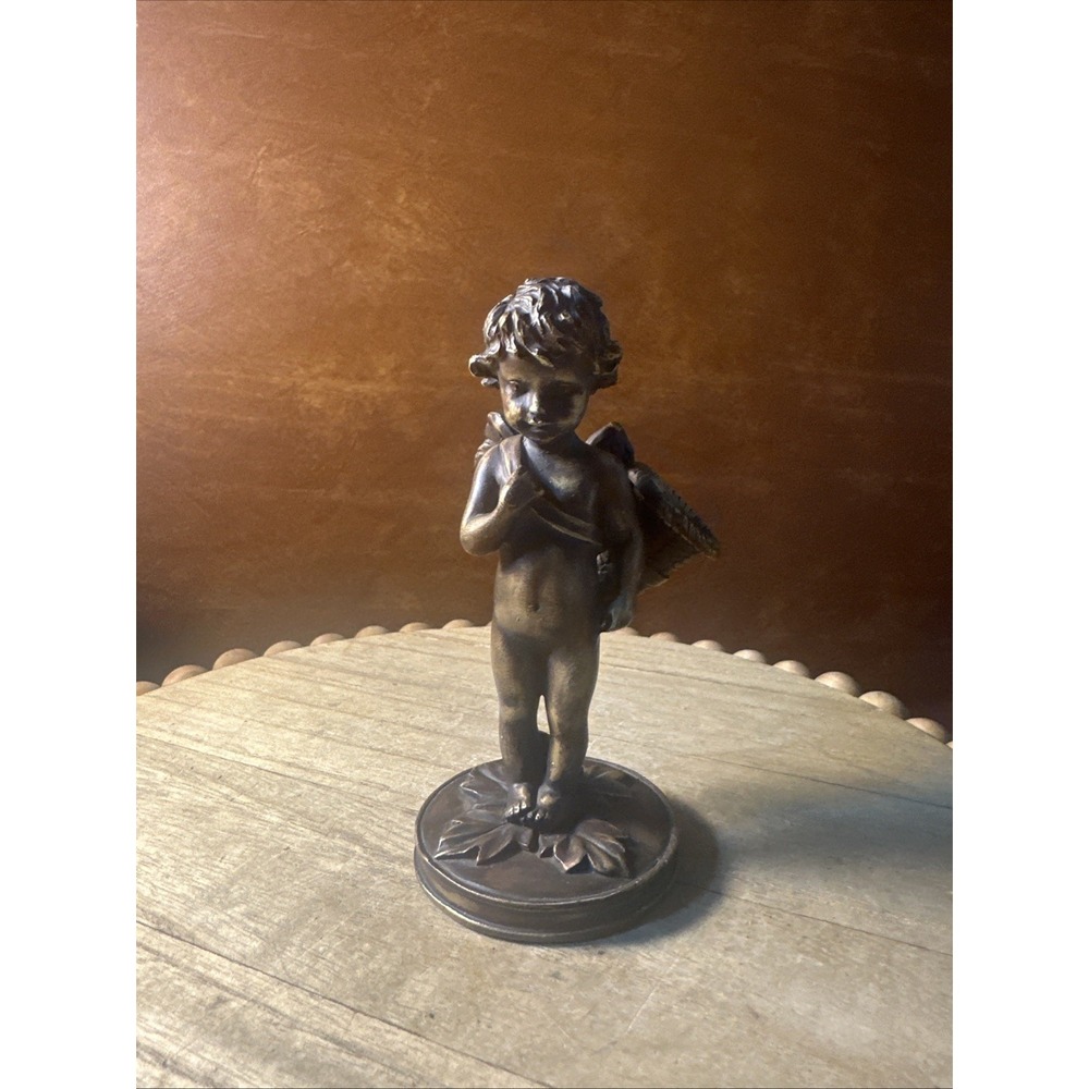 VINTAGE CHERUB faux, Bronze ANGEL W With Basket  FIGURINE-5.1/4